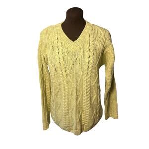 Aran Crafts Ireland Women’s Cotton Blend Green Yellow V Neck Sweater Size Small